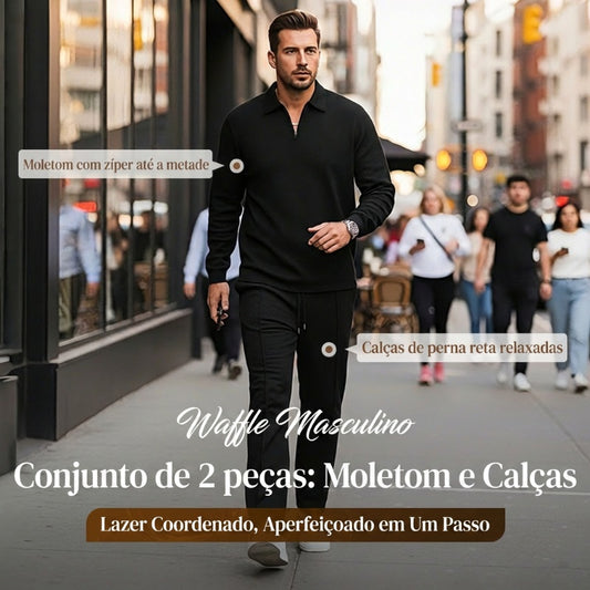 💥 Conjunto masculino de moletom de malha waffle e calça reta – aconchegante, respirável e elegante sem esforço 👕👖