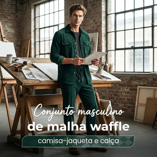 Conjunto de jaqueta e calça masculina com botões em tecido waffle