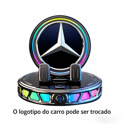 Suporte elétrico RGB para celular no carro com carregamento sem fio.