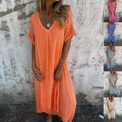 🔥PROMOÇÃO DE ÚLTIMO DIA COM 50% DE DESCONTO🔥Vestido feminino solto de algodão com decote em V