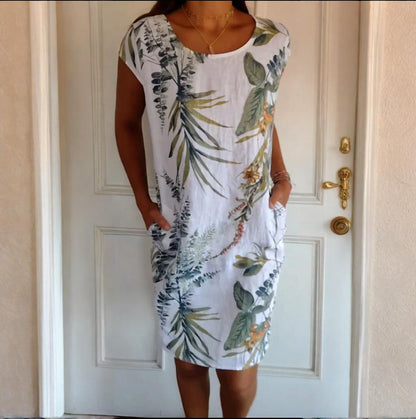 🌷Promoção de primavera com 50% de desconto🍀Vestido feminino com estampa botânica e gola redonda