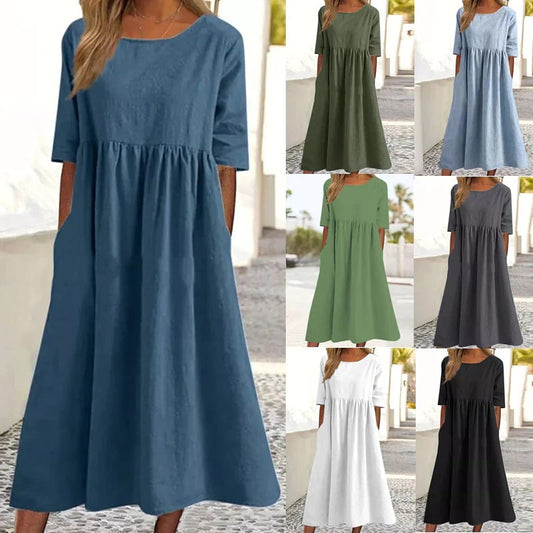 Promoção de verão - Vestido de algodão com decote redondo, bolsos e alças no pescoço