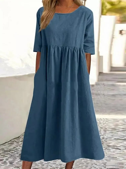 Promoção de verão - Vestido de algodão com decote redondo, bolsos e alças no pescoço
