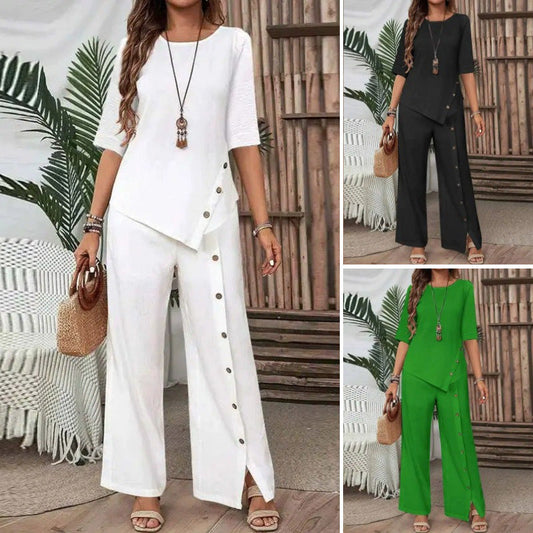 💎 -50% NO CONJUNTO CHIC DE 2 PEÇAS! 💎 Blusa com Barra Irregular e Calça Pantalona com Detalhe Exclusivo de Botões 👖✨