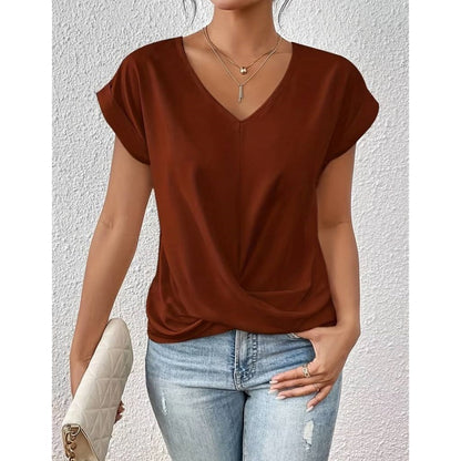 💥 Último Dia de Liquidação – 50% OFF 👚 Camisa Casual de Manga Curta, Decote V Elegante com Torção