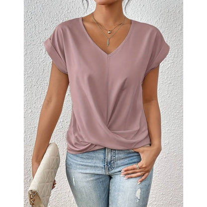 💥 Último Dia de Liquidação – 50% OFF 👚 Camisa Casual de Manga Curta, Decote V Elegante com Torção
