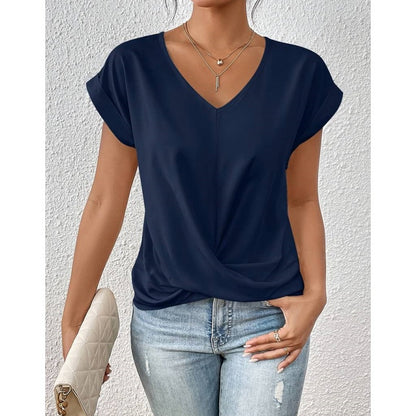 💥 Último Dia de Liquidação – 50% OFF 👚 Camisa Casual de Manga Curta, Decote V Elegante com Torção