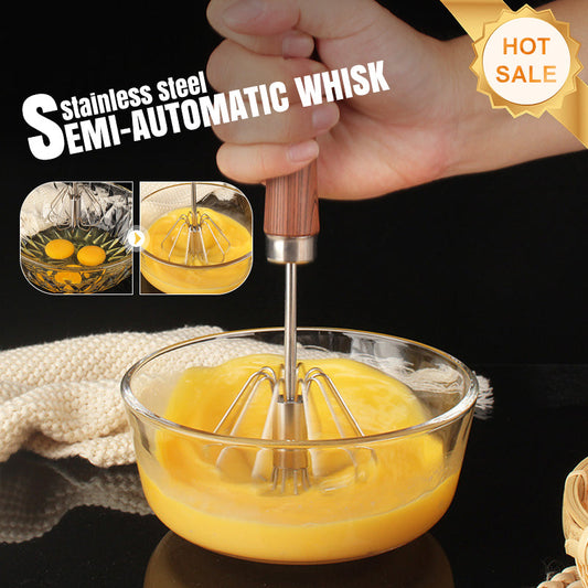 Batedor semiautomático de aço inoxidável com cabo de madeira