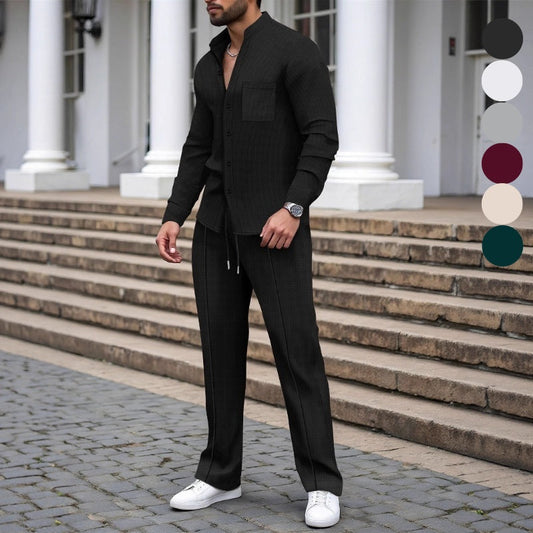 Conjunto de 2 peças de calça camisa waffle casual masculina