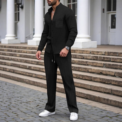 Conjunto de 2 peças de calça camisa waffle casual masculina