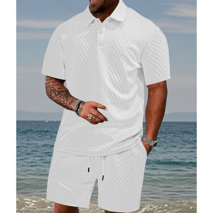 Conjunto de 2 peças para homem: camisa de manga curta com gola virada e padrão diamante e calções com cordão