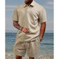 Conjunto de 2 peças para homem: camisa de manga curta com gola virada e padrão diamante e calções com cordão