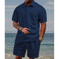Conjunto de 2 peças para homem: camisa de manga curta com gola virada e padrão diamante e calções com cordão