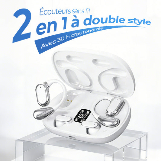 Fones de ouvido sem fio de estilo duplo 2 em 1 com bateria de 30 horas
