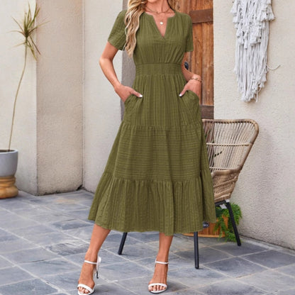 💜 PROMOÇÃO DO ÚLTIMO DIA - 50% DE DESCONTO 💜💐 Vestidos longos femininos casuais de verão com manga curta e decote em V