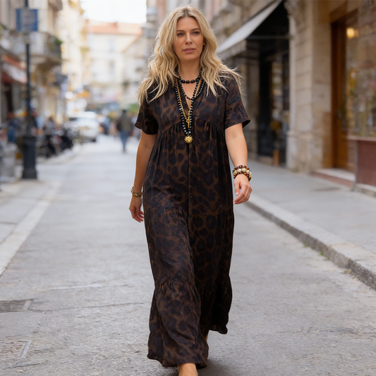 ⏰ 50% DE DESCONTO! 🌸 Vestido longo feminino com decote em V e estampa de leopardo – peça essencial para o seu verão! ☀️🐆💃