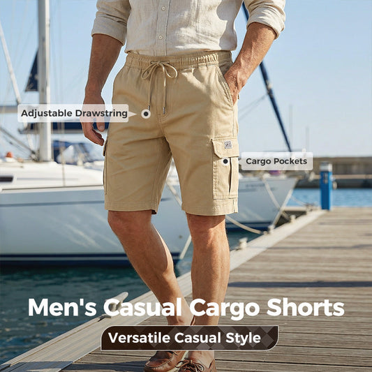 Calções cargo casuais masculinos com cintura ajustável por cordão.