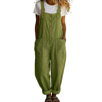 👖 50% DE DESCONTO AGORA! 🌿 Macacão casual feminino com botões à frente – alças ajustáveis, tecido respirável e corte descontraído ✨