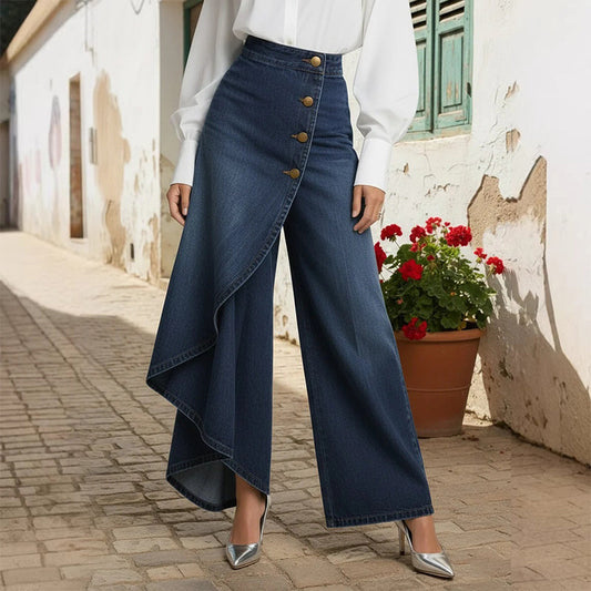 👖 50% DE DESCONTO AGORA! ✨ Calça-saia jeans assimétrica com amarração – Cintura alta, pernas largas e carcela com botões decorativos 🌟