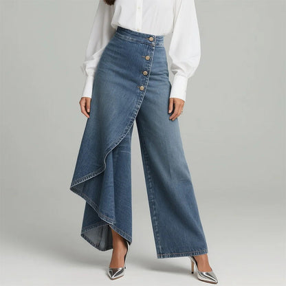 👖 50% DE DESCONTO AGORA! ✨ Calça-saia jeans assimétrica com amarração – Cintura alta, pernas largas e carcela com botões decorativos 🌟