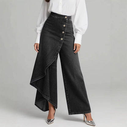 👖 50% DE DESCONTO AGORA! ✨ Calça-saia jeans assimétrica com amarração – Cintura alta, pernas largas e carcela com botões decorativos 🌟