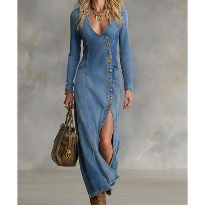 Vestido longo feminino de manga comprida e decote em V
