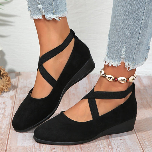 💃🔥Último dia de promoção – 50% de desconto🔥Sapatos elegantes com cunha baixa e tira elástica, cor única