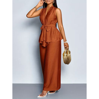 Conjunto feminino de blusa sem mangas e calça pantalona