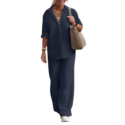 Conjunto feminino de duas peças em algodão e linho