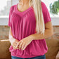 Blusa feminina casual de manga curta com decote em V e pregas