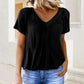 Blusa feminina casual de manga curta com decote em V e pregas