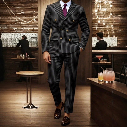 Conjunto de terno risca de giz masculino com abotoamento duplo