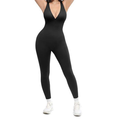 Macacão com decote em V e alta elasticidade para fitness e ioga.