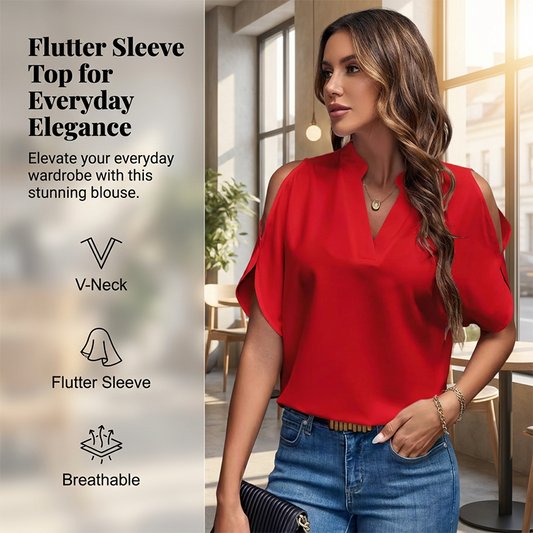 Blusa feminina com decote em V, ombros à mostra e mangas curtas com babados