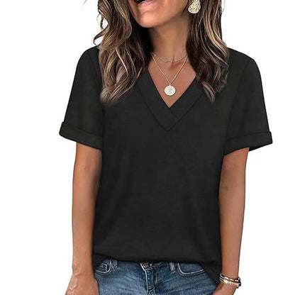 Camiseta feminina casual de manga curta com decote em V