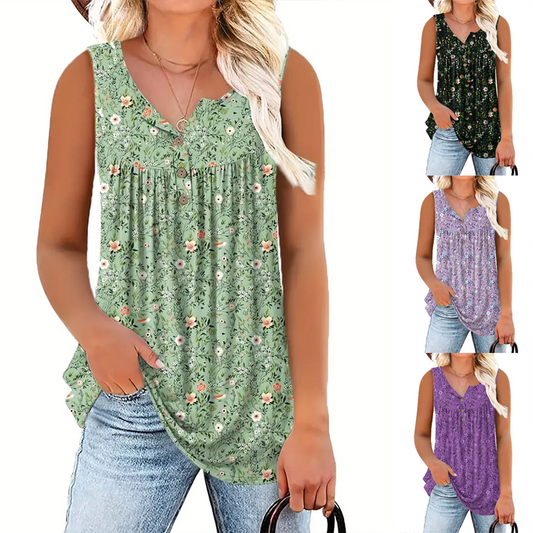 Blusa feminina sem mangas com estampa e botões
