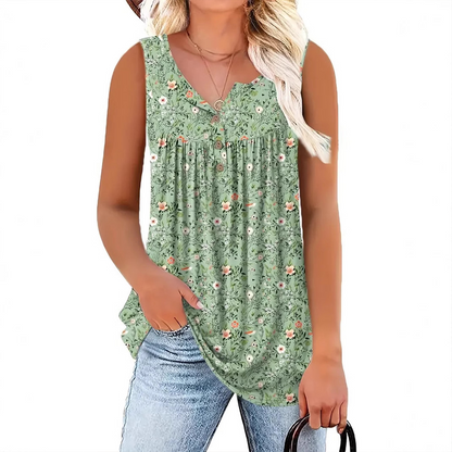Blusa feminina sem mangas com estampa e botões