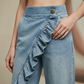 Calça jeans de perna larga com babados assimétricos femininos