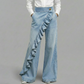 Calça jeans de perna larga com babados assimétricos femininos