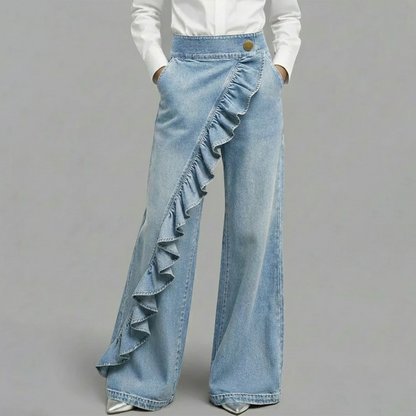 Calça jeans de perna larga com babados assimétricos femininos