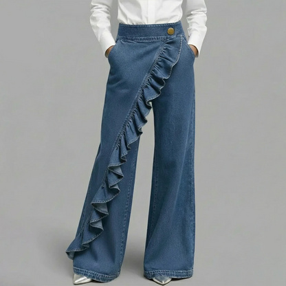 Calça jeans de perna larga com babados assimétricos femininos