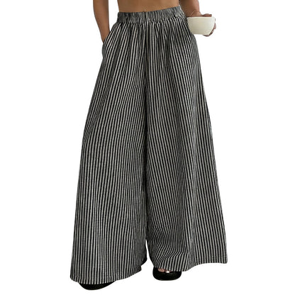 Calça feminina listrada de pernas largas com cintura elástica