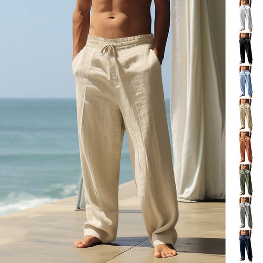Calças casuais masculinas com cordão e bolsos.