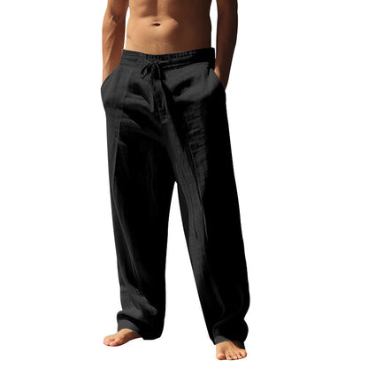 Calças casuais masculinas com cordão e bolsos.