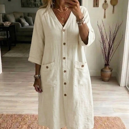 Vestido midi casual feminino com decote em V
