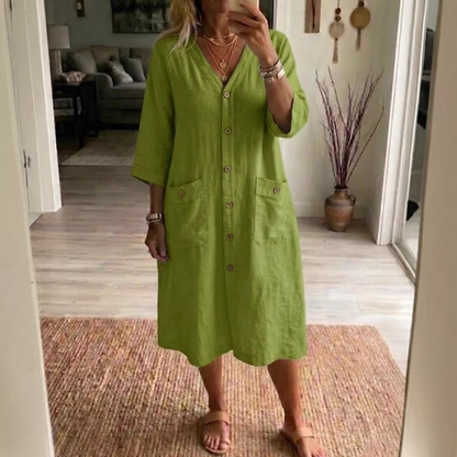 Vestido midi casual feminino com decote em V