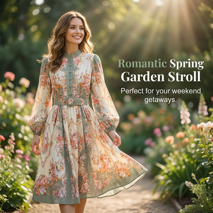 Vestido curto romântico com estampa floral e gola alta