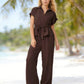 Conjunto feminino de blusa com gola e cintura ajustável com cordão