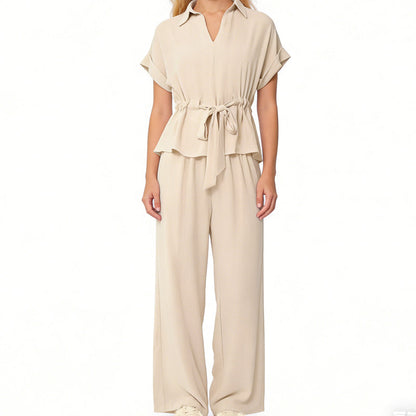 Conjunto feminino de blusa com gola e cintura ajustável com cordão