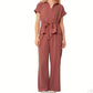 Conjunto feminino de blusa com gola e cintura ajustável com cordão